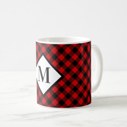 Kariertes Monogramm, rot und schwarz Kaffeetasse (VorderseiteRechts)