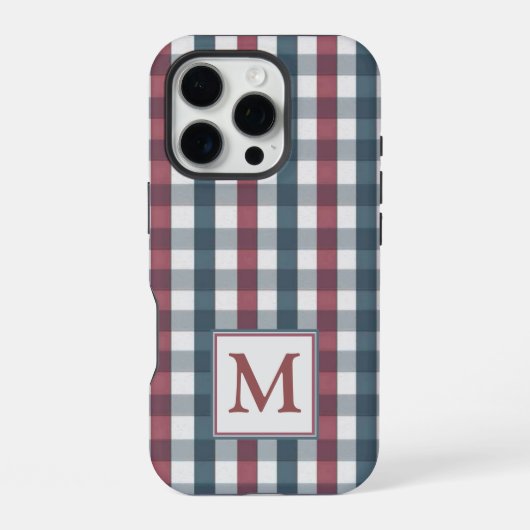 Kariertes Monogramm, rot, weiß und blau iPhone Hülle (Rückseite)