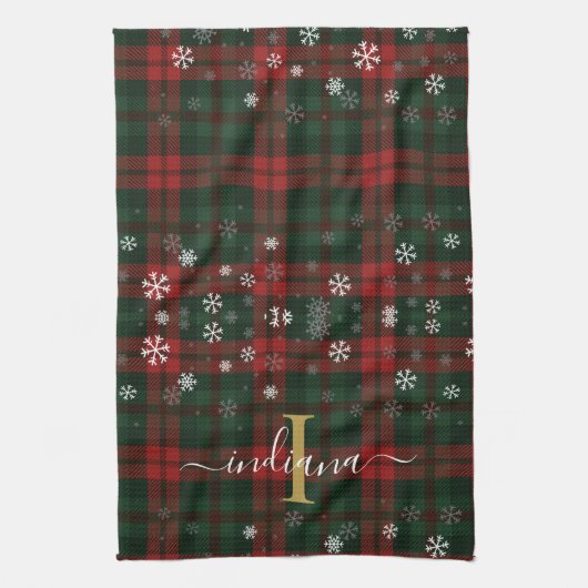 Kariertes Monogramm Schrift Schneeflocken Rustikal Geschirrtuch (Vertikal)