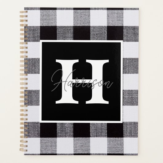 Kariertes Monogramm und Name von Gingham, Schwarz  Planer (Vorderseite)
