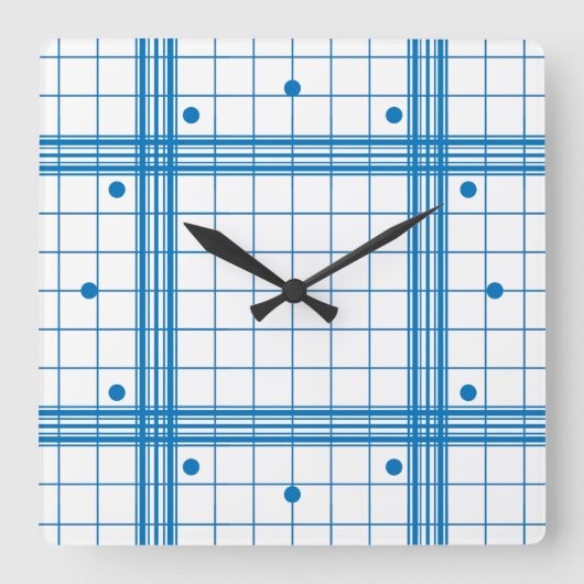 Kariertes Muster auf Weiß im klassischen blauen Ba Quadratische Wanduhr (Vorderseite)