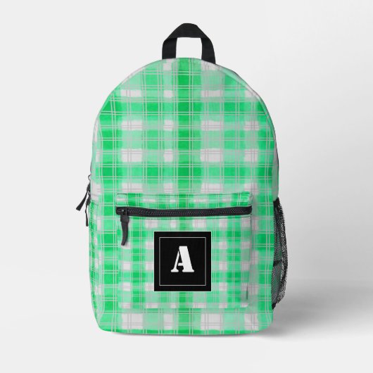 Kariertes Muster Gingham Karo Light Green Monogram Bedruckter Rucksack (Vorderseite)