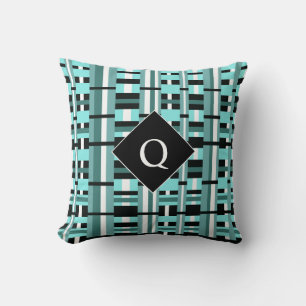 Kariertes Muster in Aqua, Türkis, Schwarz und Weiß Kissen