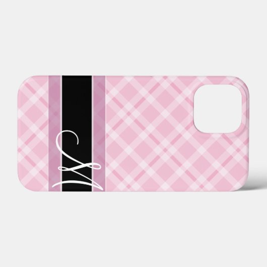 Kariertes Muster mit Monogramm - Schwarz-Rosa Case-Mate iPhone Hülle (Rückseite (Horizontal))