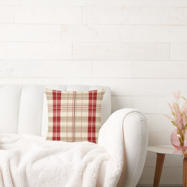 Kariertes Muster Tartan in Rot und Tan Beige Kissen (Liege)