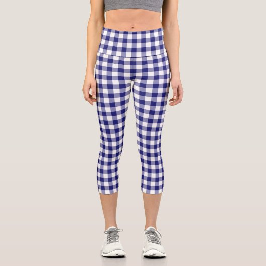 Kariertes Muster von Blue White Checkered Gingham Capri Leggings (Vorderseite)