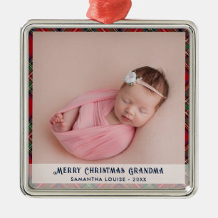 Kariertes Oma Baby Foto Weihnachten Tartan Custom Ornament Aus Metall