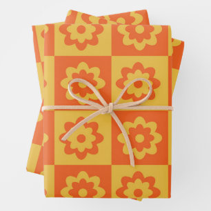 Kariertes Orange und Gelb Retro-Blumenmuster  Geschenkpapier Set