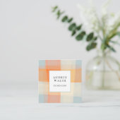 Kariertes Orangencreme Blau beruflich Quadratische Visitenkarte (Stehend Vorderseite)