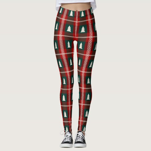 Kariertes Patchwork-Weihnachtsbaum-Muster Leggings (Vorderseite)