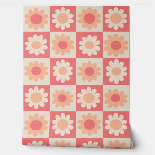 Kariertes Pfirsichflaum Retro-Blumenmuster Tapete