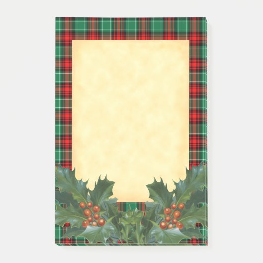 Kariertes Red Green Holiday Muster mit Holly Stick Post-it Klebezettel (Vorderseite)