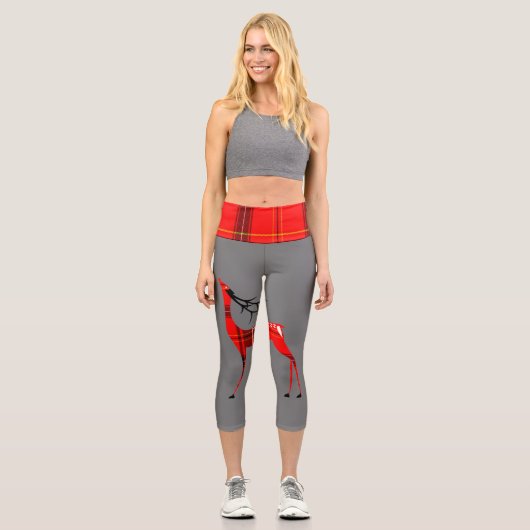 Kariertes Rentier Kariert Waist Grau Capri Leggings (Vorderseite)