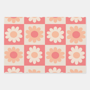 Kariertes Retro-Blumenmuster in Pfirsichflaum  Geschenkpapier Set
