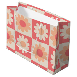 Kariertes Retro-Blumenmuster in Pfirsichflaum  Große Geschenktüte