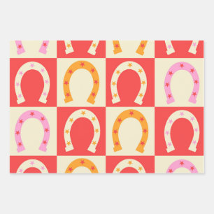 Kariertes Retro-Hufeisen in Orange, Rot und Pink  Geschenkpapier Set