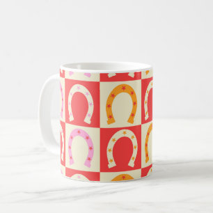 Kariertes Retro-Hufeisen in Orange, Rot und Pink Kaffeetasse