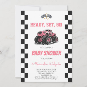 Kariertes Rosa Mädchen Monster Truck Baby Shower Einladung