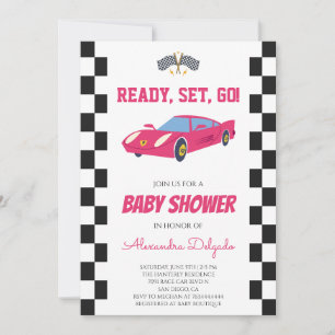 Kariertes Rosa Mädchen-Rennwagen-Baby-Party Einladung