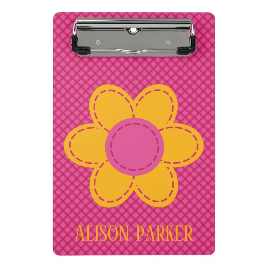 Kariertes rosa Muster und gelb geheftete Blume Mini Klemmbrett (Vorderseite)