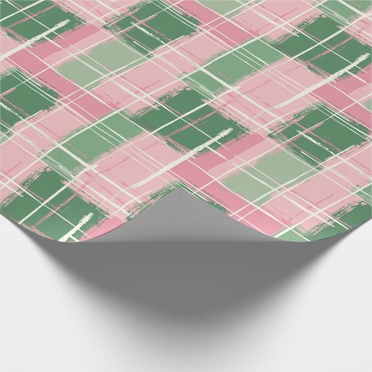 Kariertes rosa und grünes Muster mit weißem Streif Geschenkpapier (Ecke)