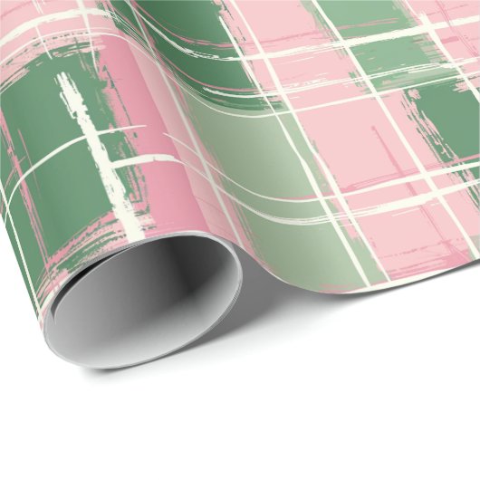 Kariertes rosa und grünes Muster mit weißem Streif Geschenkpapier (Rolleneckpunkt)