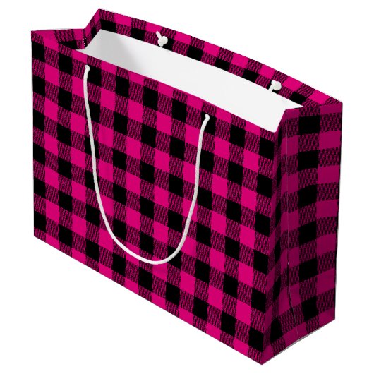 Kariertes Rosa und Schwarzes Gingham Große Geschenktüte (Rückseite Schrägansicht)