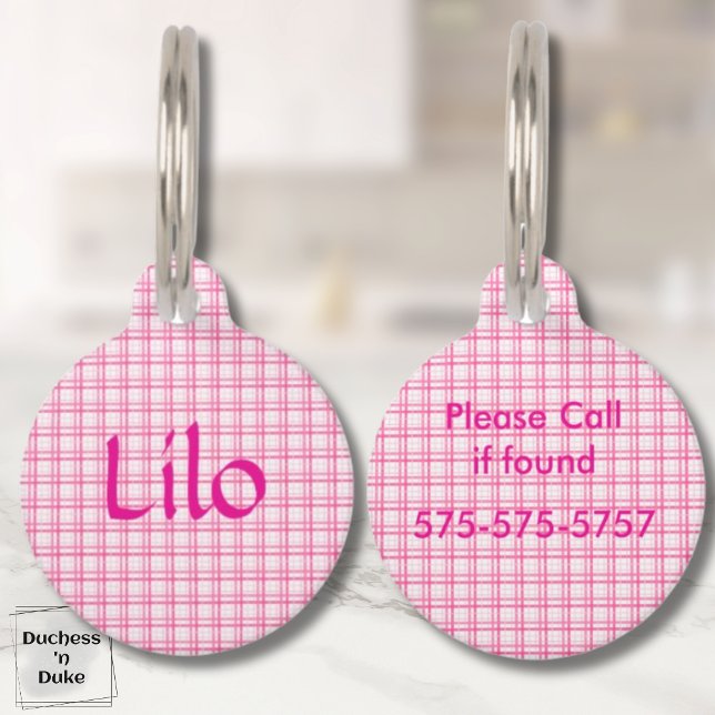 Kariertes Rosa-Weiß-Muster Haustiermarke (Plaid Pink and White Pattern Pet ID Tag)