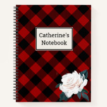 Kariertes Rot-Buffalo-Notebook mit Rose