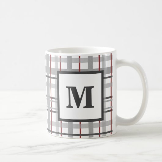 Kariertes Rot Grau Silber Monogramm Kaffeetasse (Rechts)