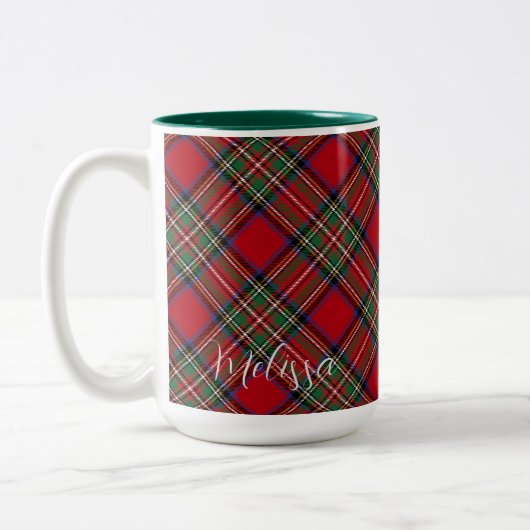 Kariertes Rot und Grün Rustikales Script Tartan Zweifarbige Tasse (Links)