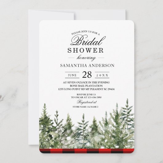 Kariertes Rotes Buffalo mit grünem Kiefernwald Einladung (Vorderseite)