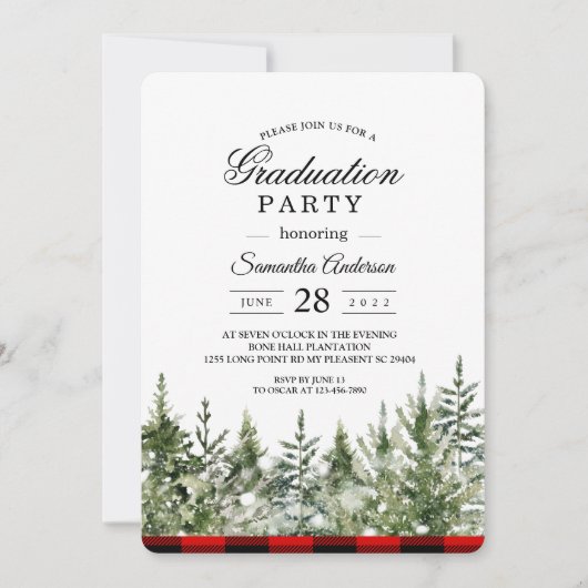 Kariertes Rotes Buffalo mit grünem Kiefernwald Einladung (Vorderseite)