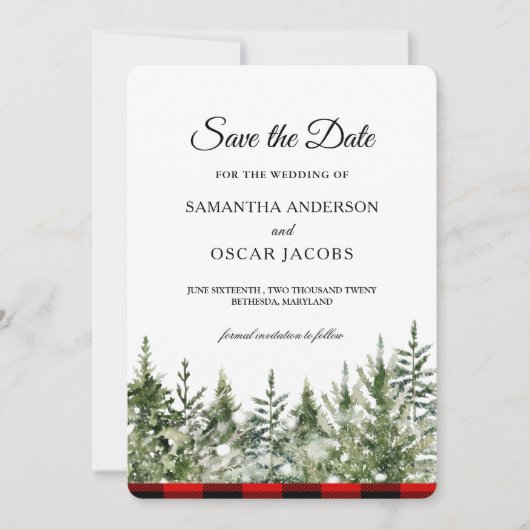 Kariertes Rotes Buffalo mit grünem Kiefernwald Save The Date (Vorderseite)