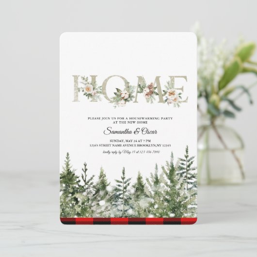 Kariertes Rotes Buffalo mit grünem Kiefernwald Save The Date (Stehend Vorderseite)