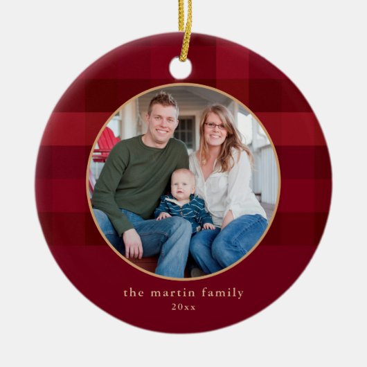 Kariertes Rotes Foto Weihnachten Keramik Ornament (Vorne)