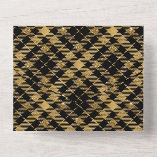 Kariertes Schwarz-Gold-Elegant All In One Einladung (Rückseite)