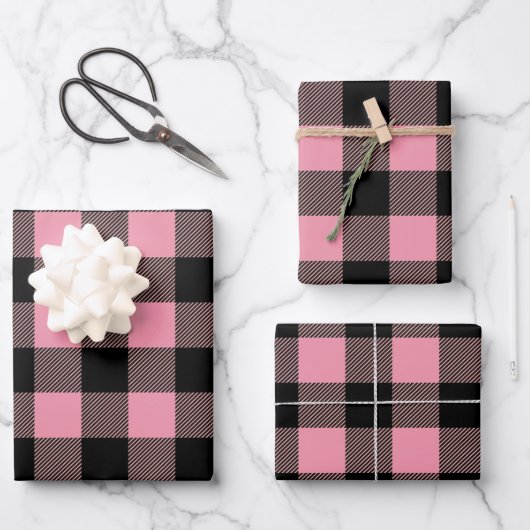 Kariertes Schwarz-Rosa-Buffalo-Muster Geschenkpapier Set (Vorderseite)