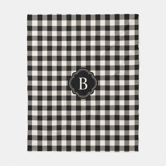 Kariertes Schwarz-Weiß-Muster und Monogramm Fleecedecke (Vorderseite)