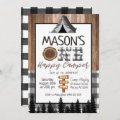 Kariertes Schwarz-Weiß One Happy Camper Boy Campin Einladung (Vorne/Hinten)