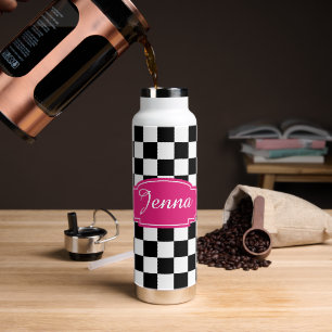 Kariertes schwarz-weißes Hot-Pink-Etikett Trinkflasche