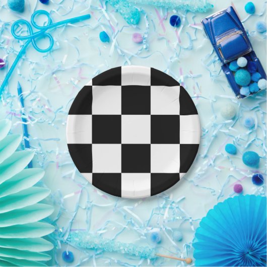 Kariertes Schwarzweiss-Muster Pappteller (Party)