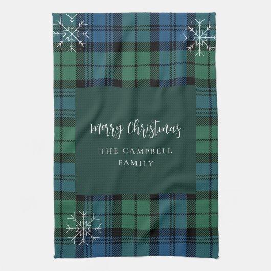 Kariertes Script Snowflakes Rustic Campbell Tartan Geschirrtuch (Vertikal)