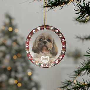 Kariertes Shih Tzu Hund Haustier Foto Weihnachten  Keramik Ornament