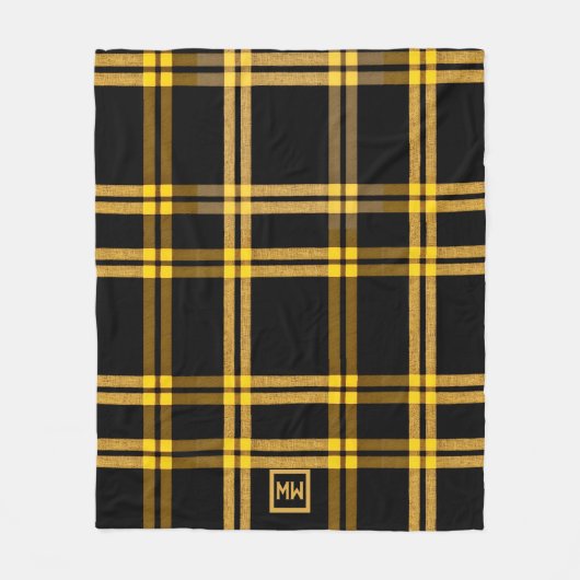 Kariertes Tartan-Monogramm aus Schwarz und Gold Fleecedecke (Vorderseite)