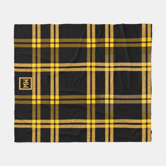 Kariertes Tartan-Monogramm aus Schwarz und Gold Fleecedecke (Vorderseite (Horizontal))