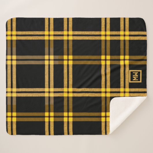 Kariertes Tartan-Monogramm aus Schwarz und Gold Sherpadecke (Vorderseite (Horizontal))