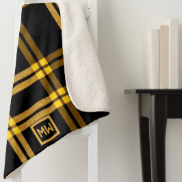 Kariertes Tartan-Monogramm aus Schwarz und Gold Sherpadecke