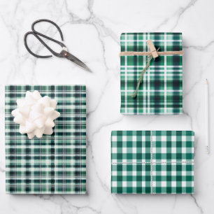 Kariertes Trio grün und weiß Geschenkpapier Set