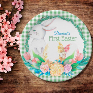 Kariertes Wasserfarben-Blumenkranz Erstes Ostern Pappteller